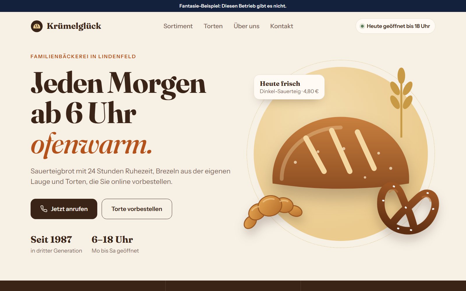 Neue Bäckerei-Webseite: große Überschrift, Anruf-Button, Öffnungszeiten