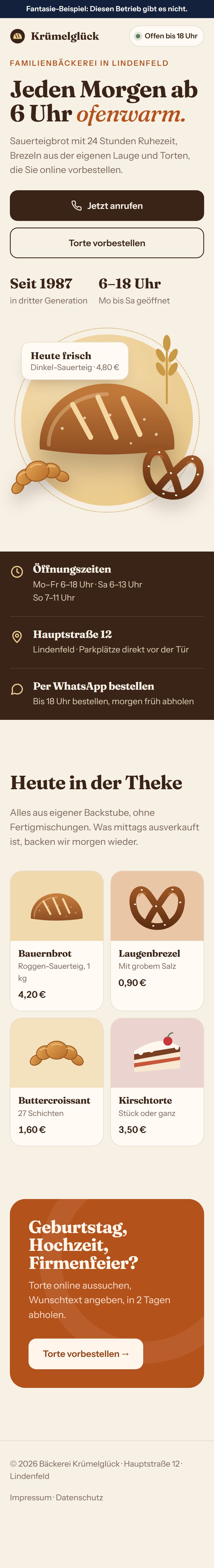 Handy-Ansicht einer Bäckerei-Webseite, die von selbst durchscrollt (Fantasie-Beispiel)