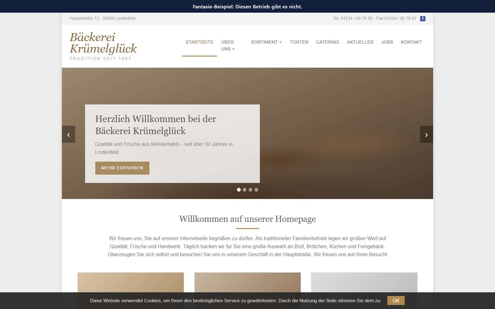 Veraltete Bäckerei-Webseite: Bild-Slider, viel Fließtext, Cookie-Leiste